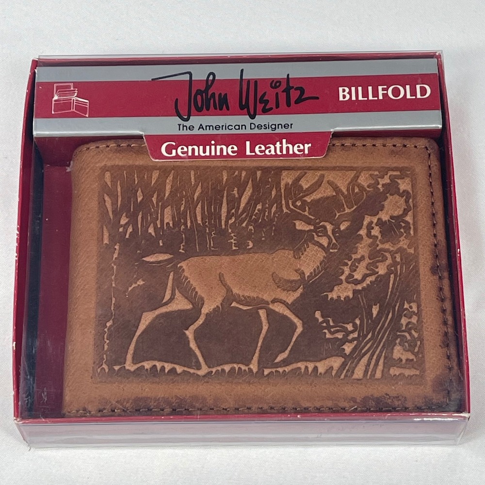 John Weitz VTG Full Grain Leather Bifold Wallet Embossed Deer Brown Billfold NOS